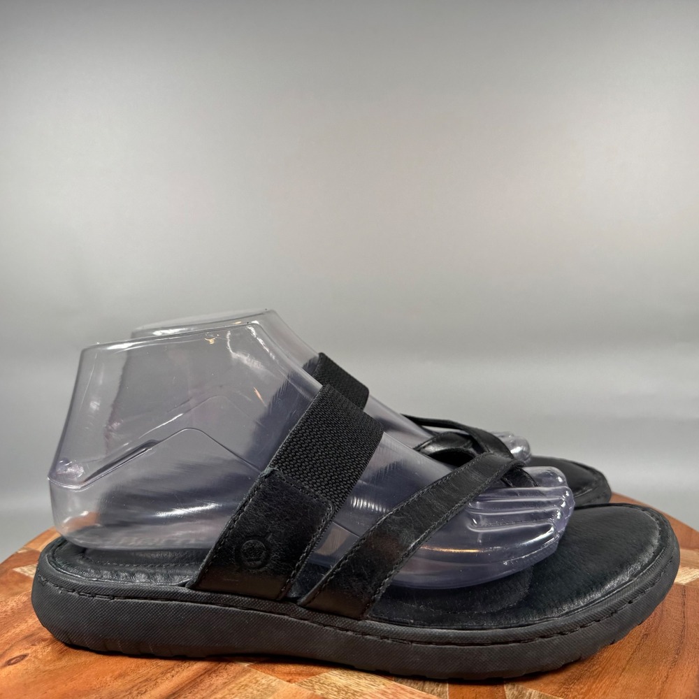 Born Womens 8M Black Leather Strappy Toe Loop Slide Sandals F46003